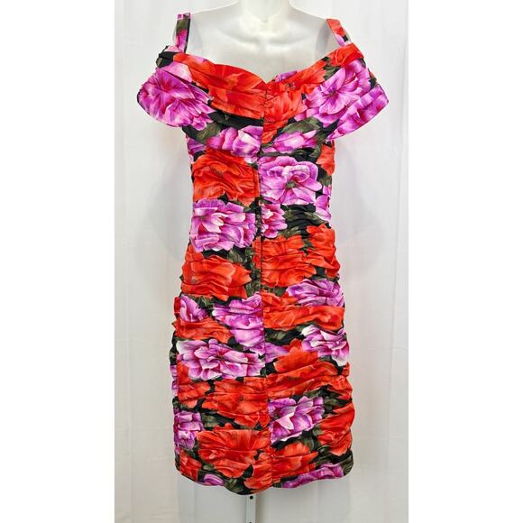 VICTOR COSTA Vintage Size 12 Floral Off Shoulder Dress Ruched Flower Multicolor - Picture 2 of 13